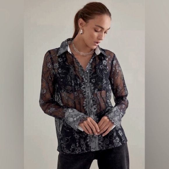 Anthropologie Maeve Womens Button Down Blouse‎ Black XS lace sheer NWT - Picture 4 of 14